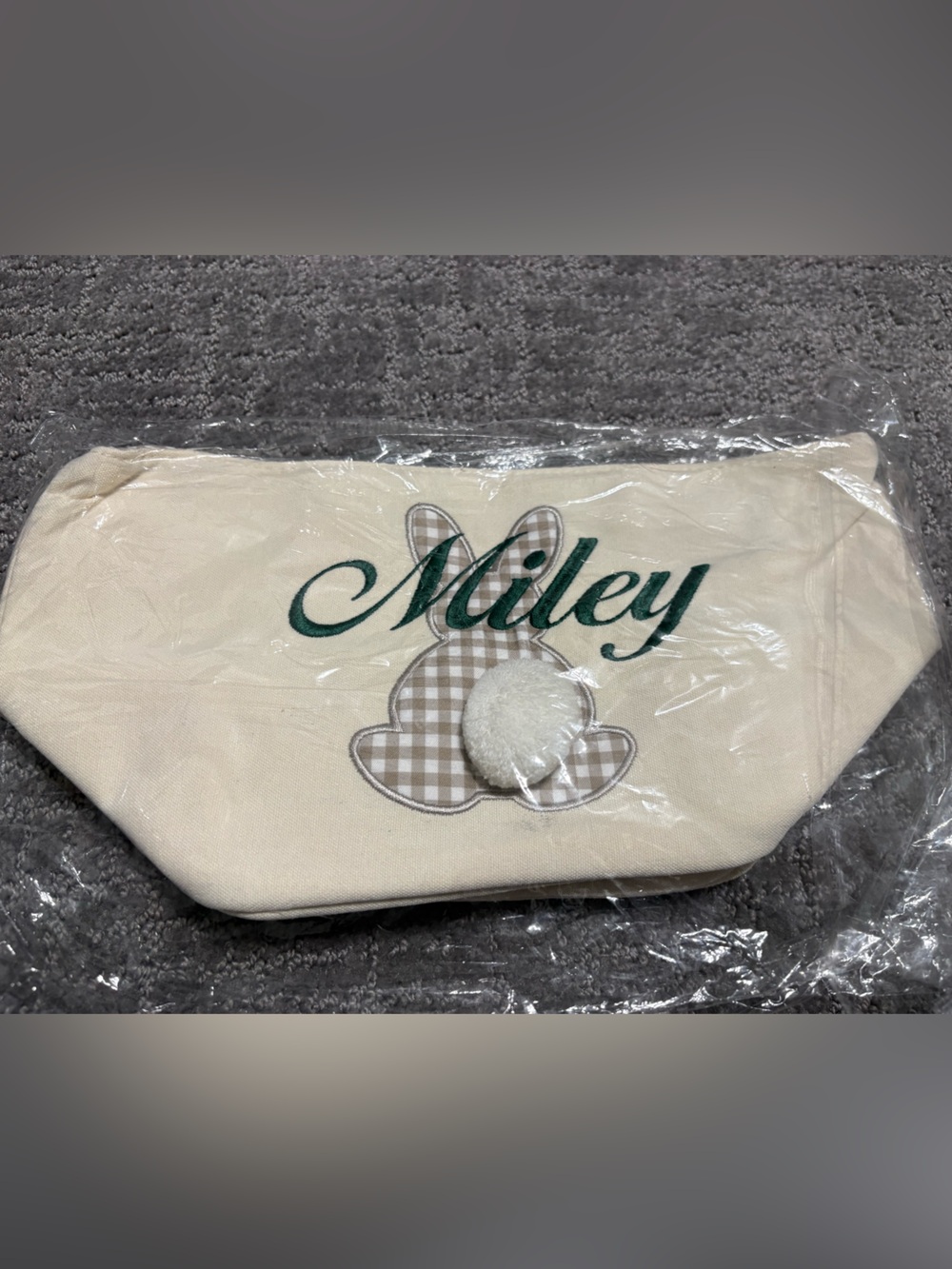 Personalized 'Miley' Canvas Pouch with Bunny Applique - Cream & Green